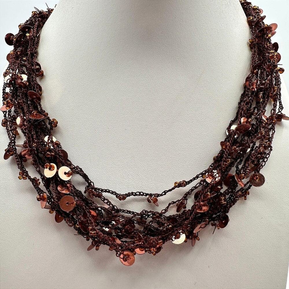 Vintage 90s Boho Multi-Strand Crochet Necklace Brown Amber Beaded Copper Sequins